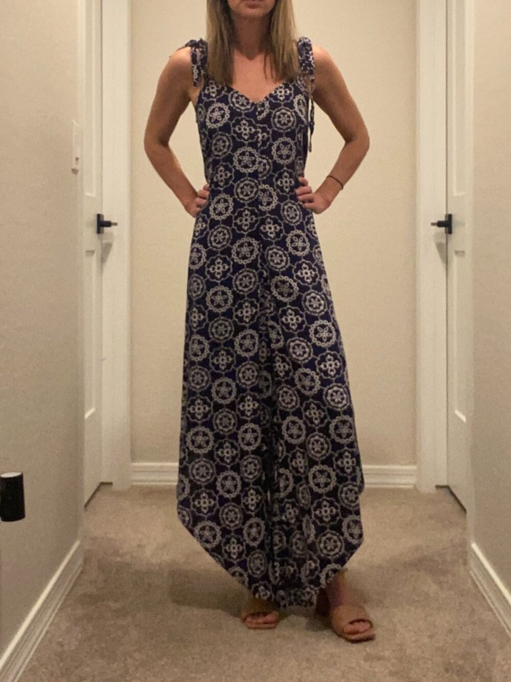 Vince Camuto Flowy Jumpsuit Dress Navy Print Tie Strap Romper Boho XS Fits S/M
